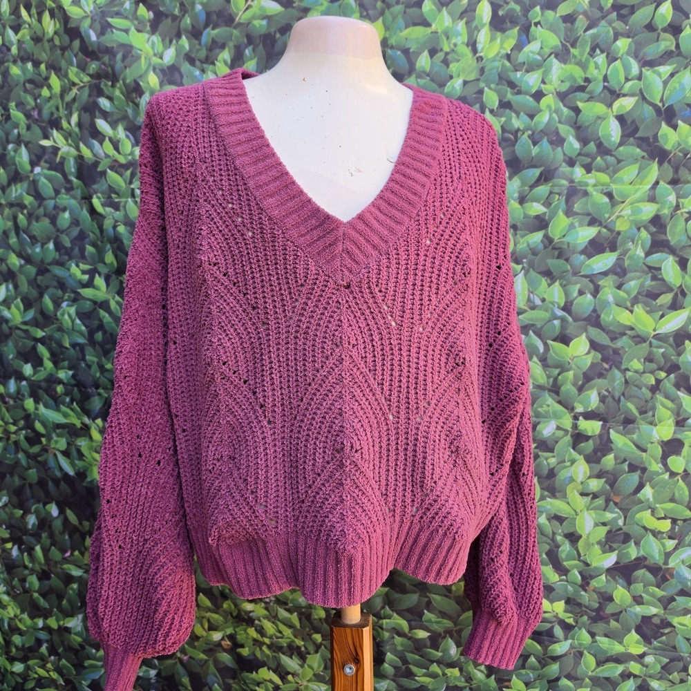 American Eagle Sweater Women's M/M Oversized V Neck Chenille Knit Mauve Long Sle